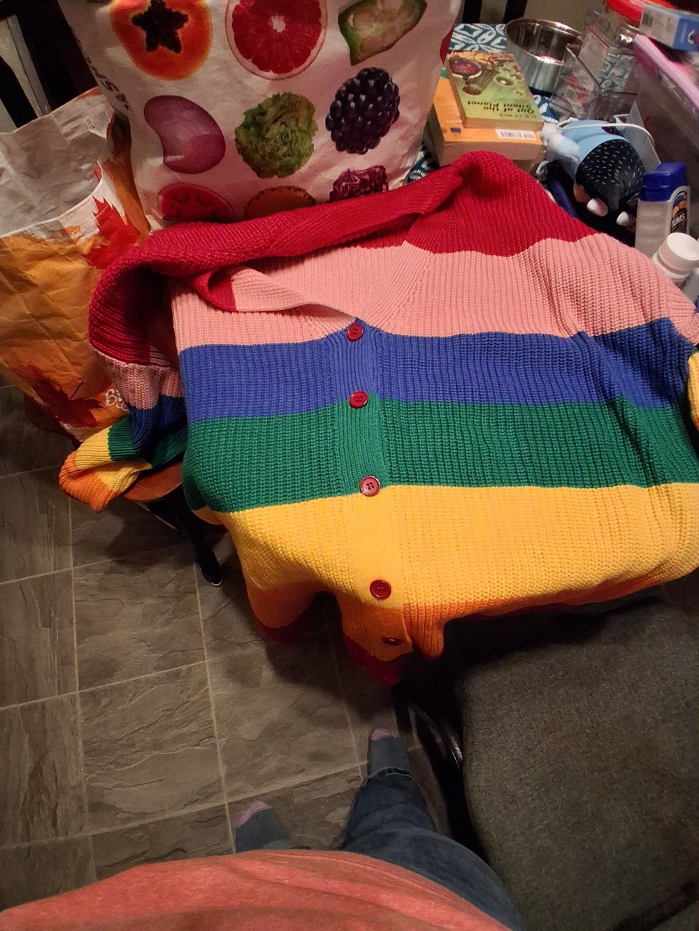 BloomChic Rainbow Striped Button-Up Cardigan in Red, Pink, Blue, Green, Yellow